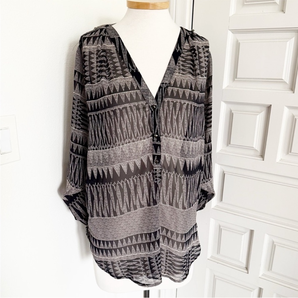 Lumiere Tunic Top Blouse Black White Half Button Semi-Sheer Size Large